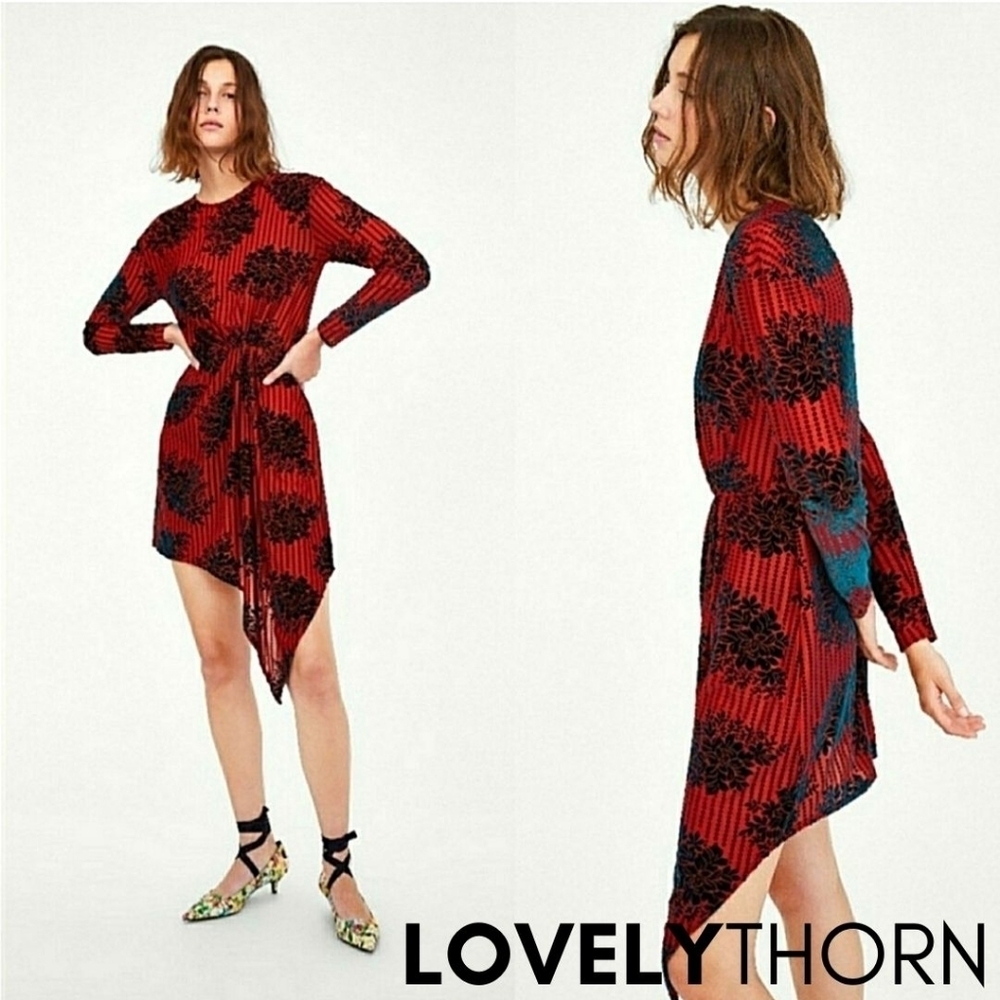 ZARA // red teal burn-out velvet asymmetric cinch